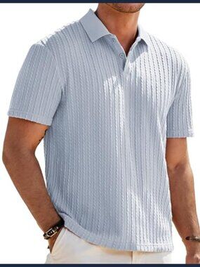 Men's Textured Knit Polo Shirt Short Sleeve Lapel Collar Casual Golf Top